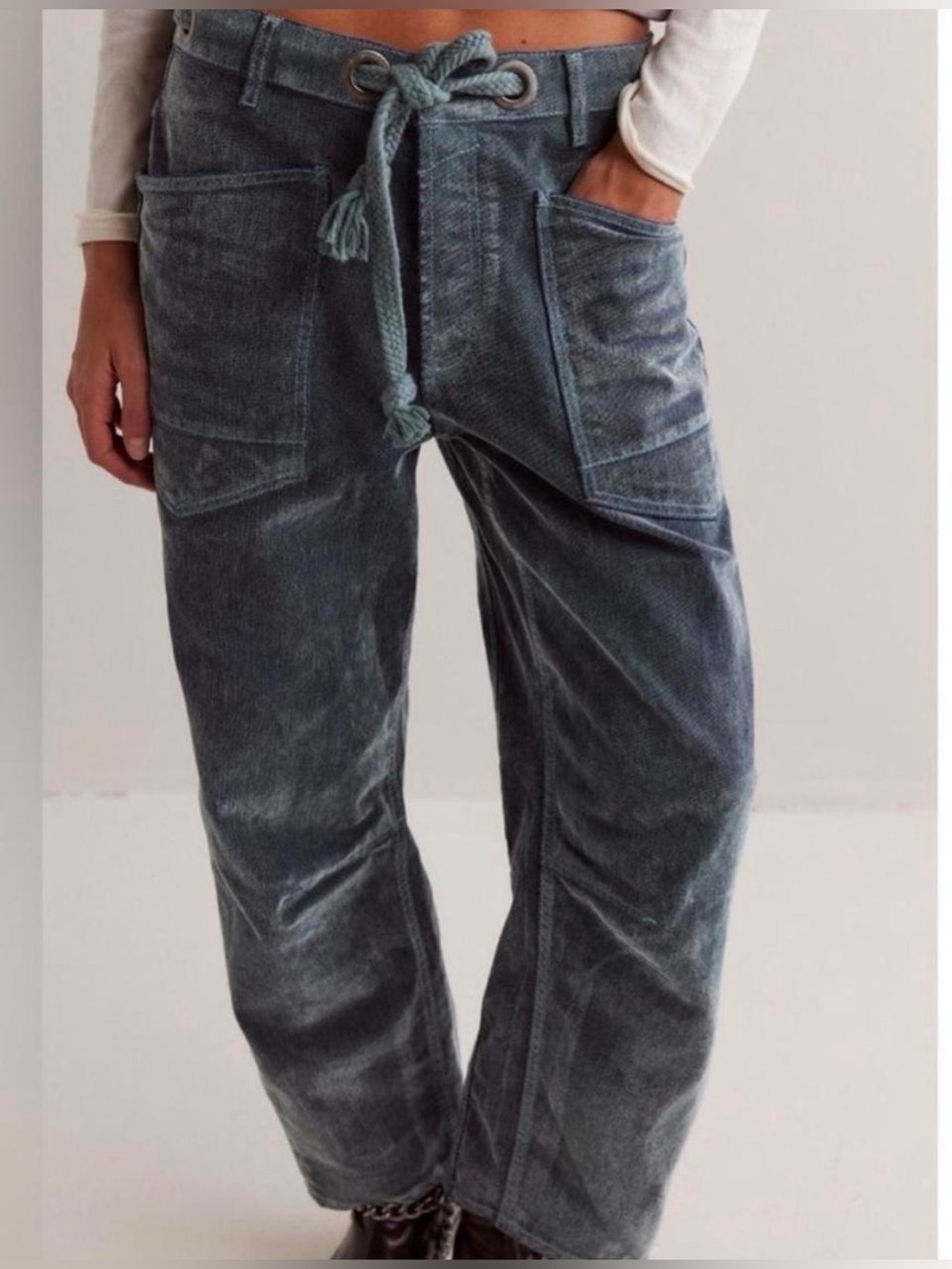 free people moxie flocked pull on barrel jeans in mountain green